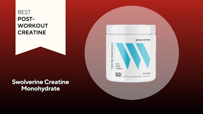 A white and turquoise container of unflavored Swolverine Creatine Monohydrate against a red background.